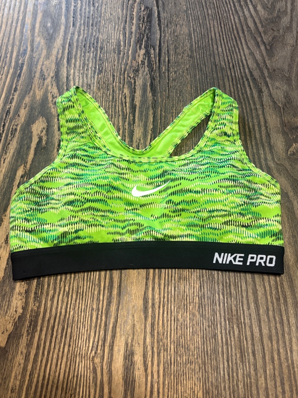 Nike Neon Green Patterned Pro Sports Bra with Black Band